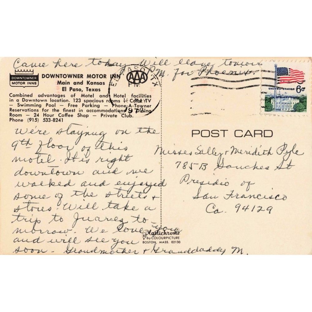 Vintage Downtowner Motor Inn Postcard El Paso Texas 1970 Postmarked Plastichrome - Picture 2 of 2
